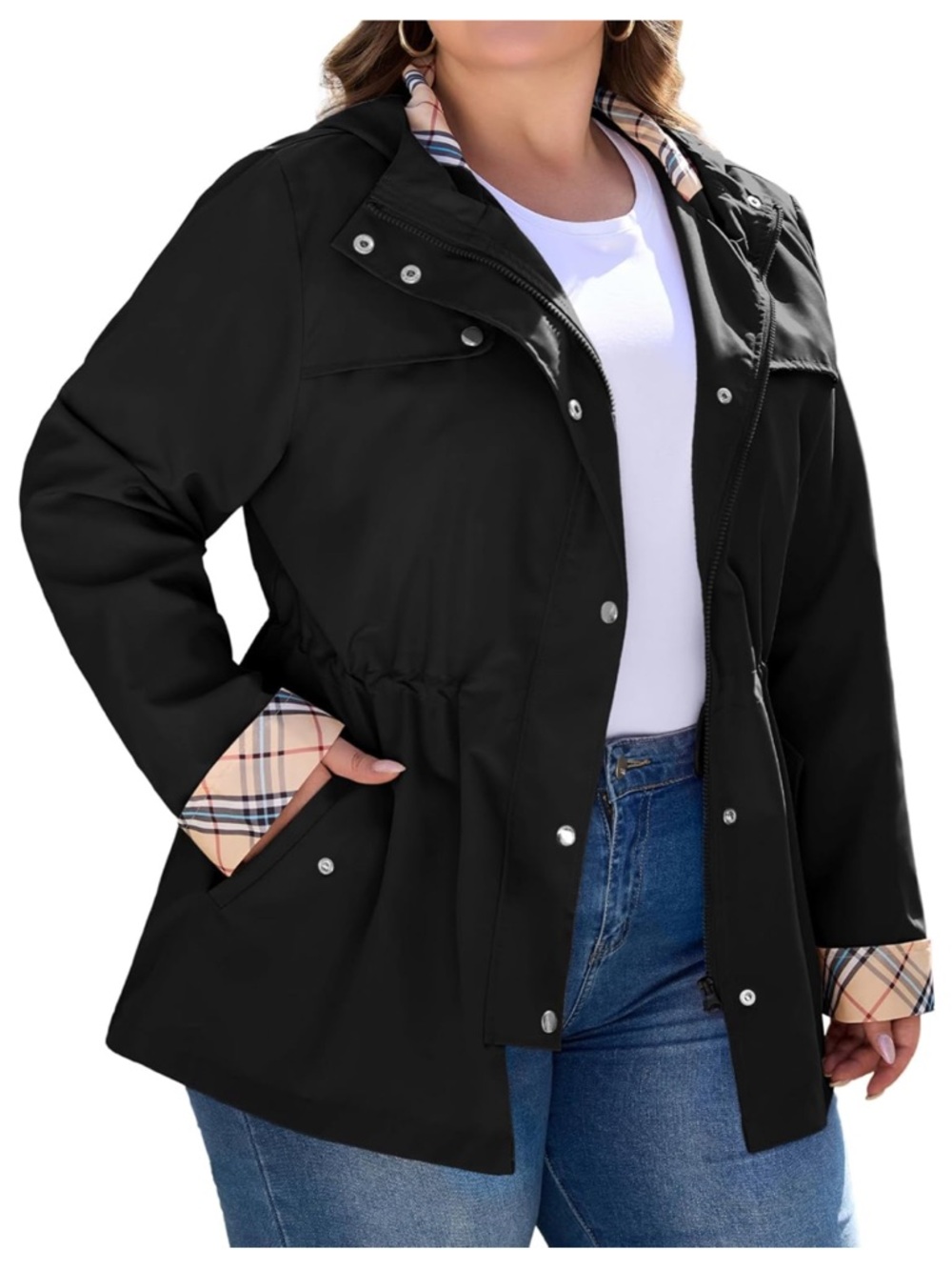 BLOGGERLOVE Plus Size Black Rain Jacket Plaid Trim Hood Waterproof 3X